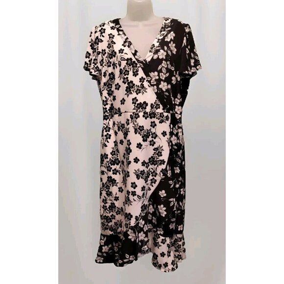 Karl Lagerfeld Black White Floral Faux Wrap Midi Dress Flutter Sleeve Sz 14 - Picture 1 of 8